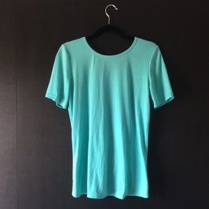 Turquoise top, open knit back, short sleeve